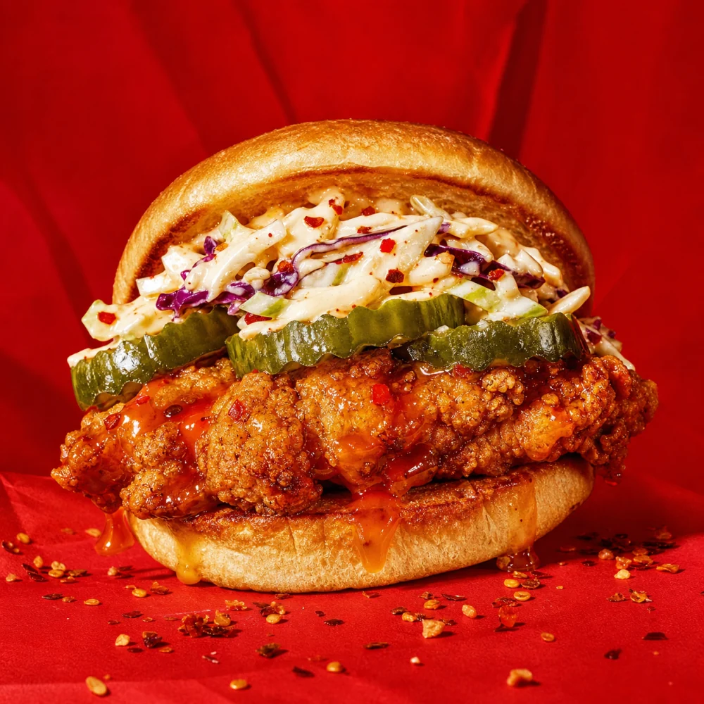 Spicy crispy chicken sandwich with slaw and pickles
