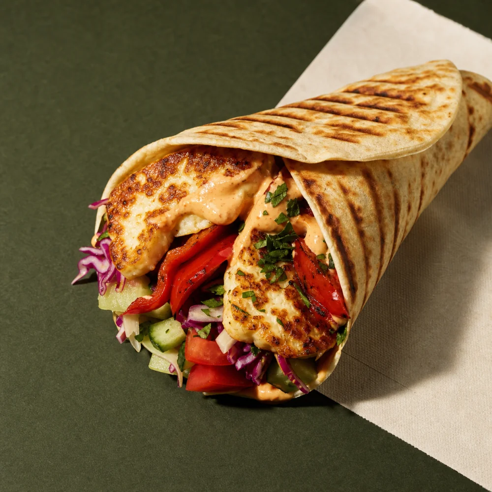 Grilled halloumi wrap with peppers, cabbage and fresh herbs