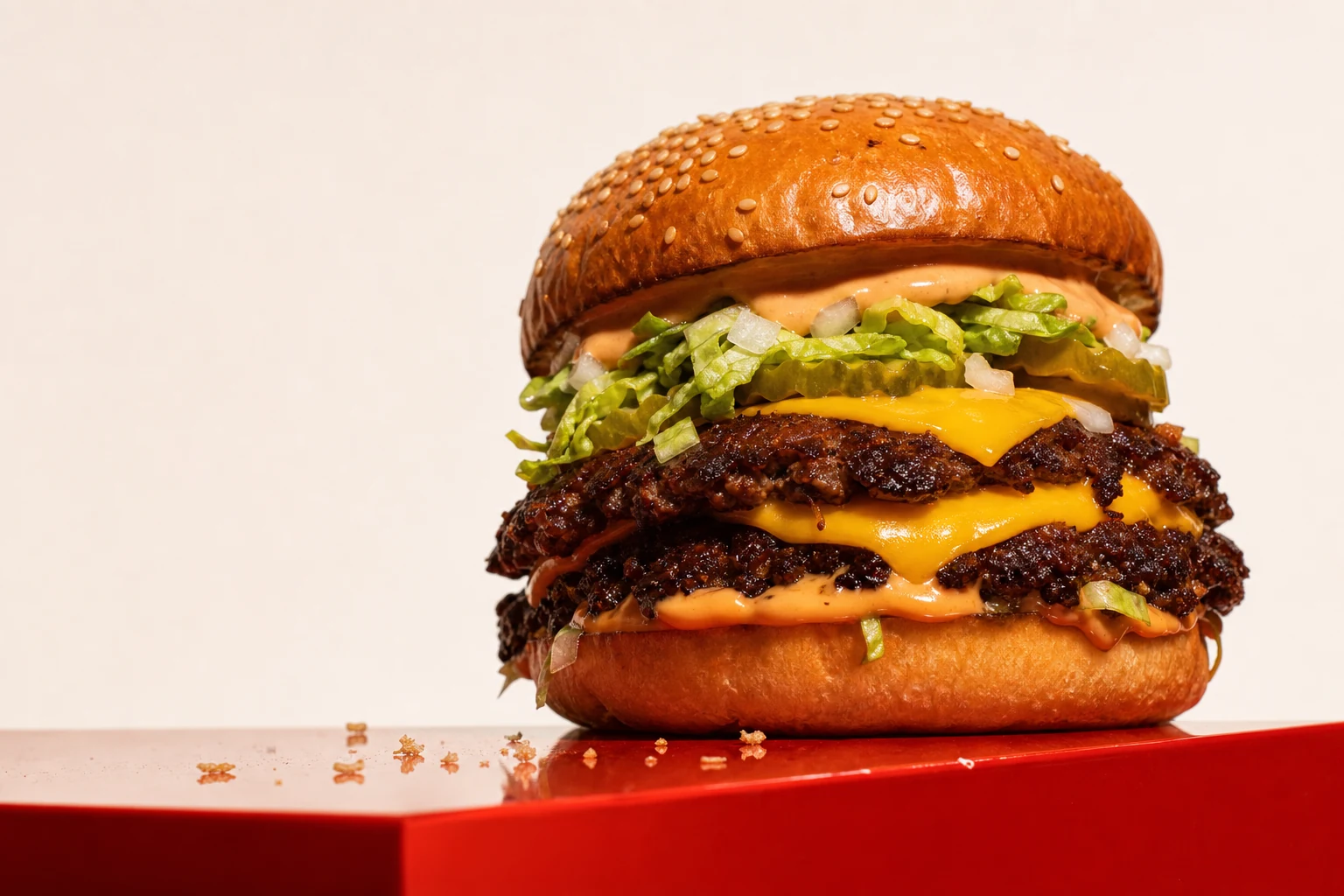 MEDO double smash burger on a red counter